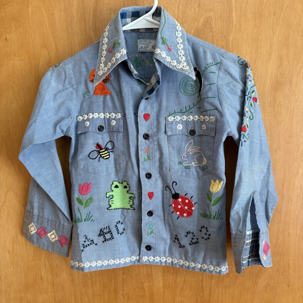Vintage JC Penney Towncraft 1970s Chambray Stitch Shirt Youth‎ 10 BUtton down
